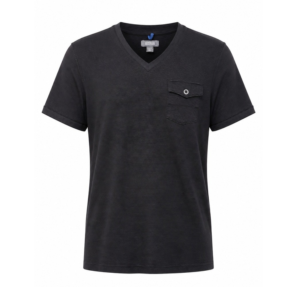 Kenneth Cole Reaction Mens Black V-Neck Pocket T-Shirt Micro Stripe Medium
